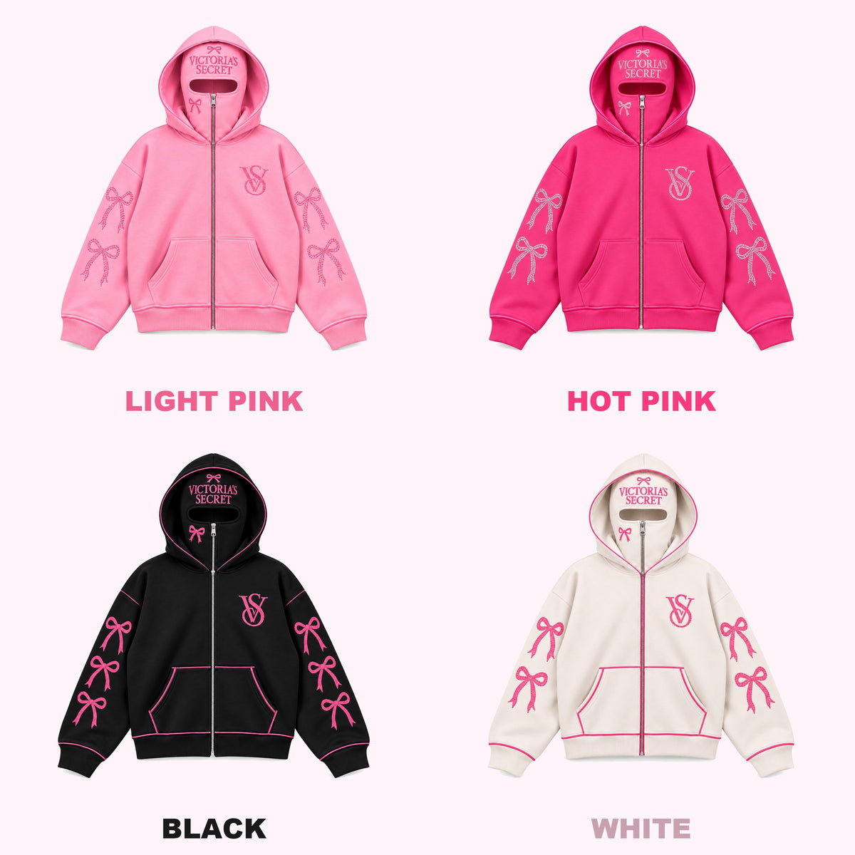 VS Balaclava Zip Hoodie in Light Pink, Hot Pink, Black and White