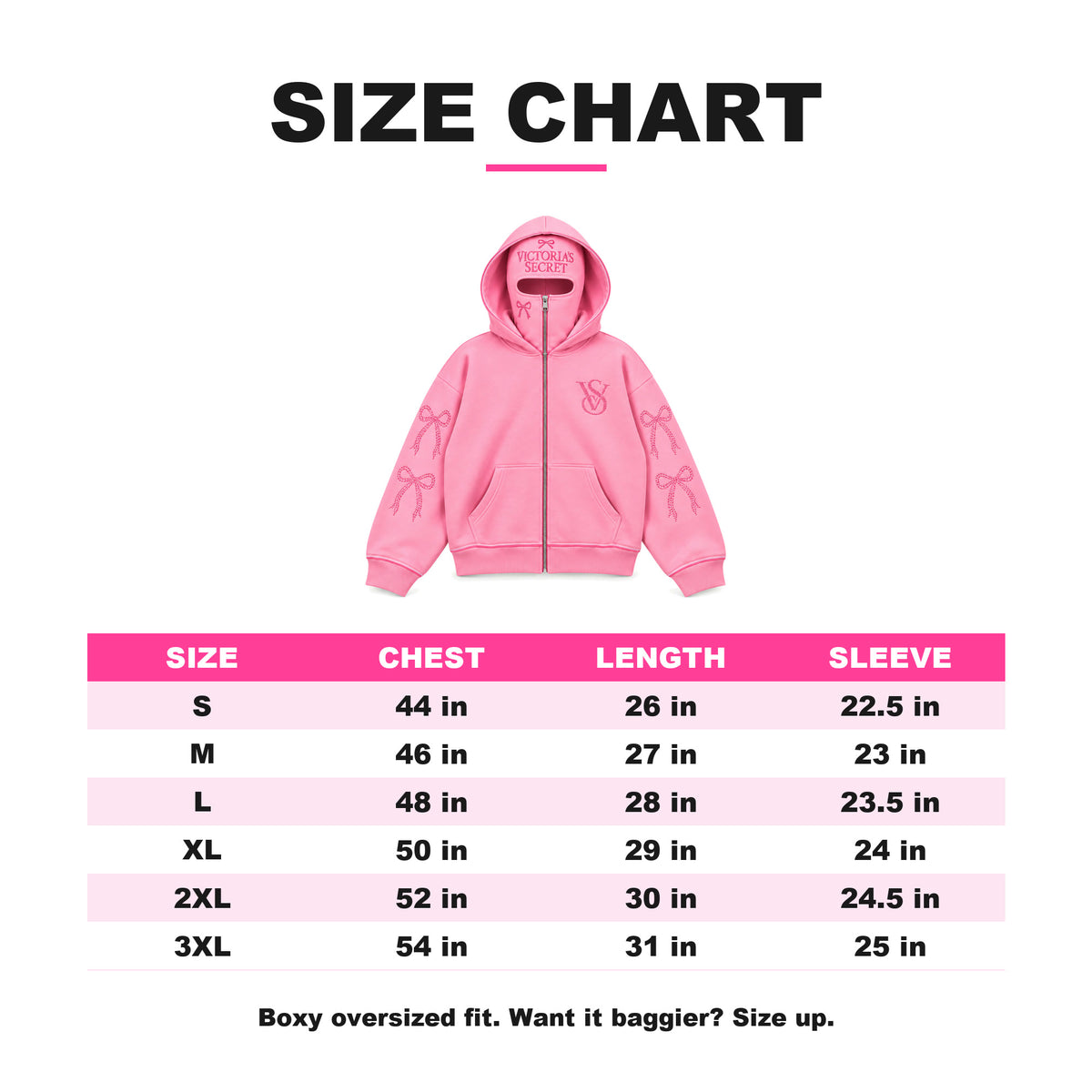 VS Balaclava Zip Hoodie size chart: chest, length and sleeve in inches for S to 3XL