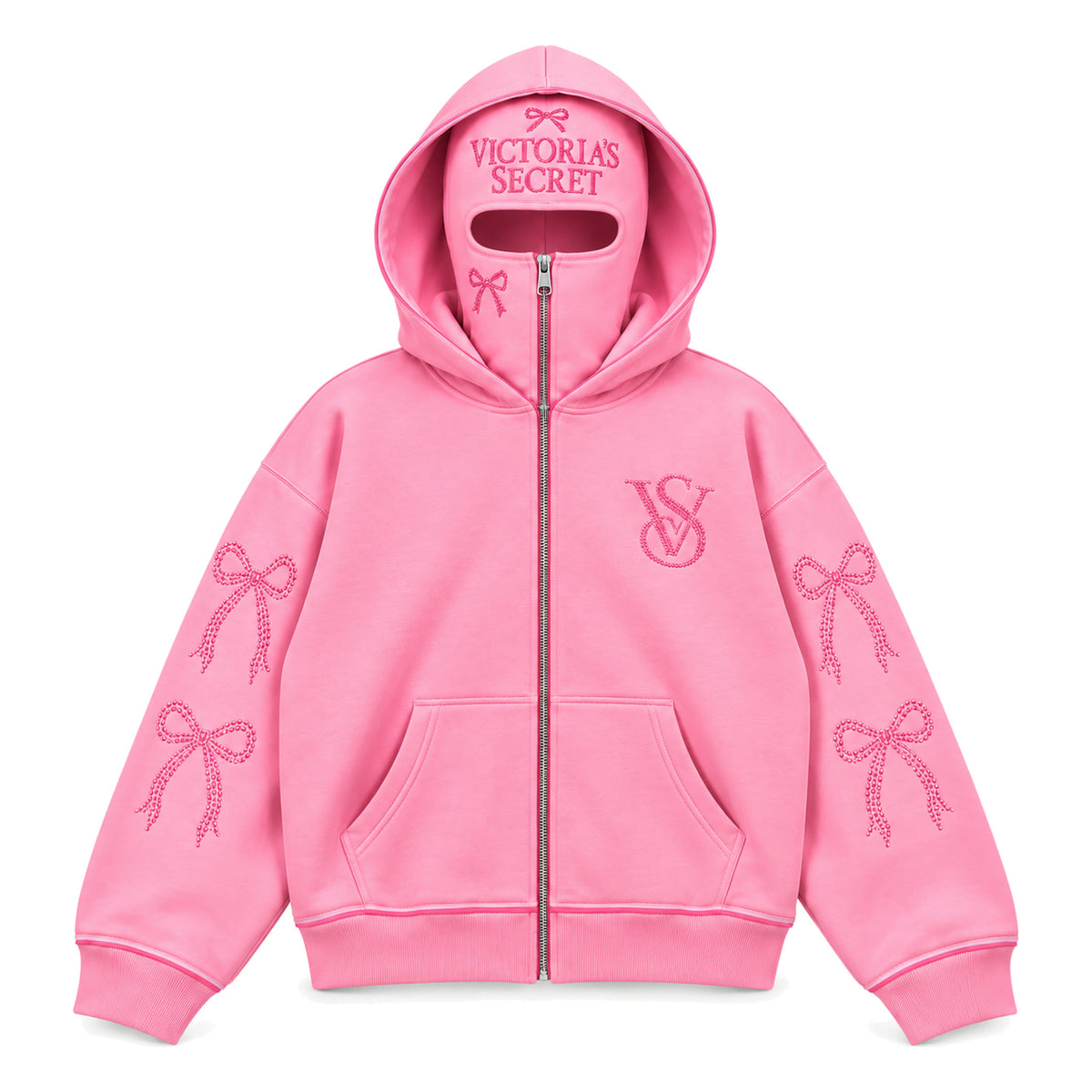 VS Balaclava Zip Hoodie in Light Pink, front view with hot-pink rhinestone bows and VS monogram