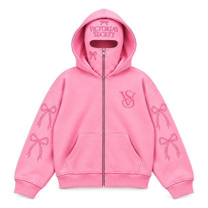 VS Balaclava Zip Hoodie in Light Pink, front view with hot-pink rhinestone bows and VS monogram
