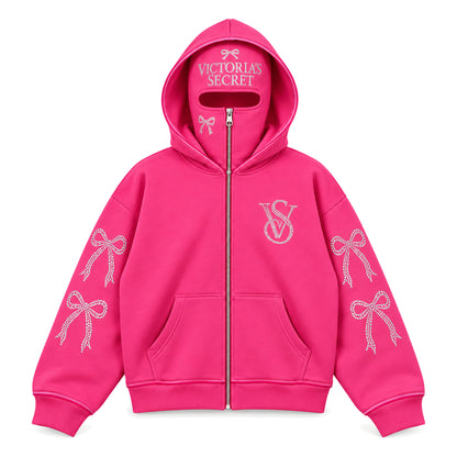 VS Balaclava Zip Hoodie in Hot Pink, front view with clear rhinestone bows and VS monogram