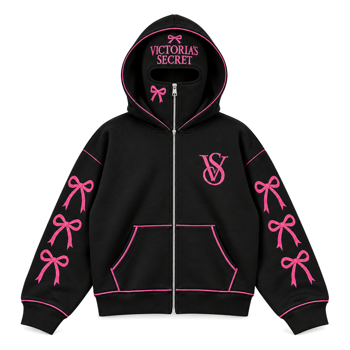 VS Balaclava Zip Hoodie in Black, front view with hot-pink rhinestone bows and pink piping