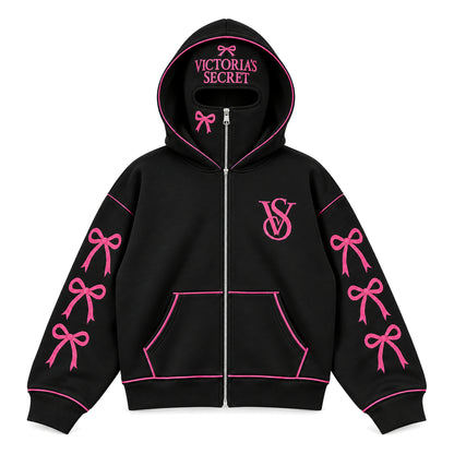 VS Balaclava Zip Hoodie in Black, front view with hot-pink rhinestone bows and pink piping