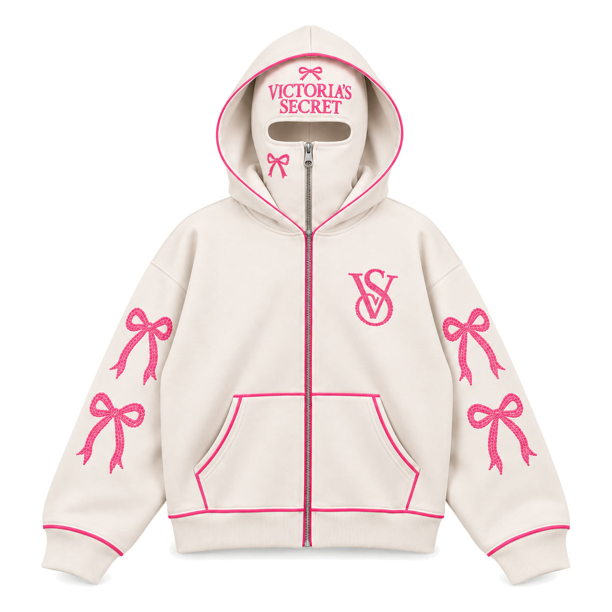 VS Balaclava Zip Hoodie in White, front view with hot-pink rhinestone bows and pink piping