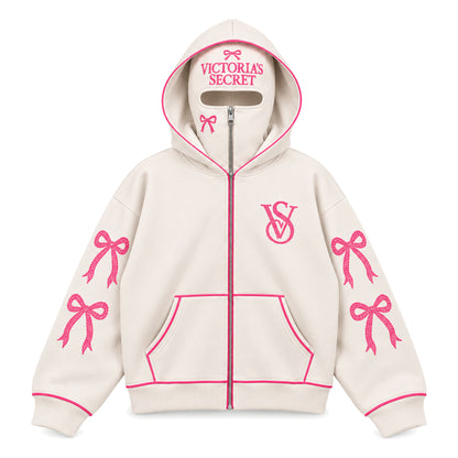 VS Balaclava Zip Hoodie in White, front view with hot-pink rhinestone bows and pink piping