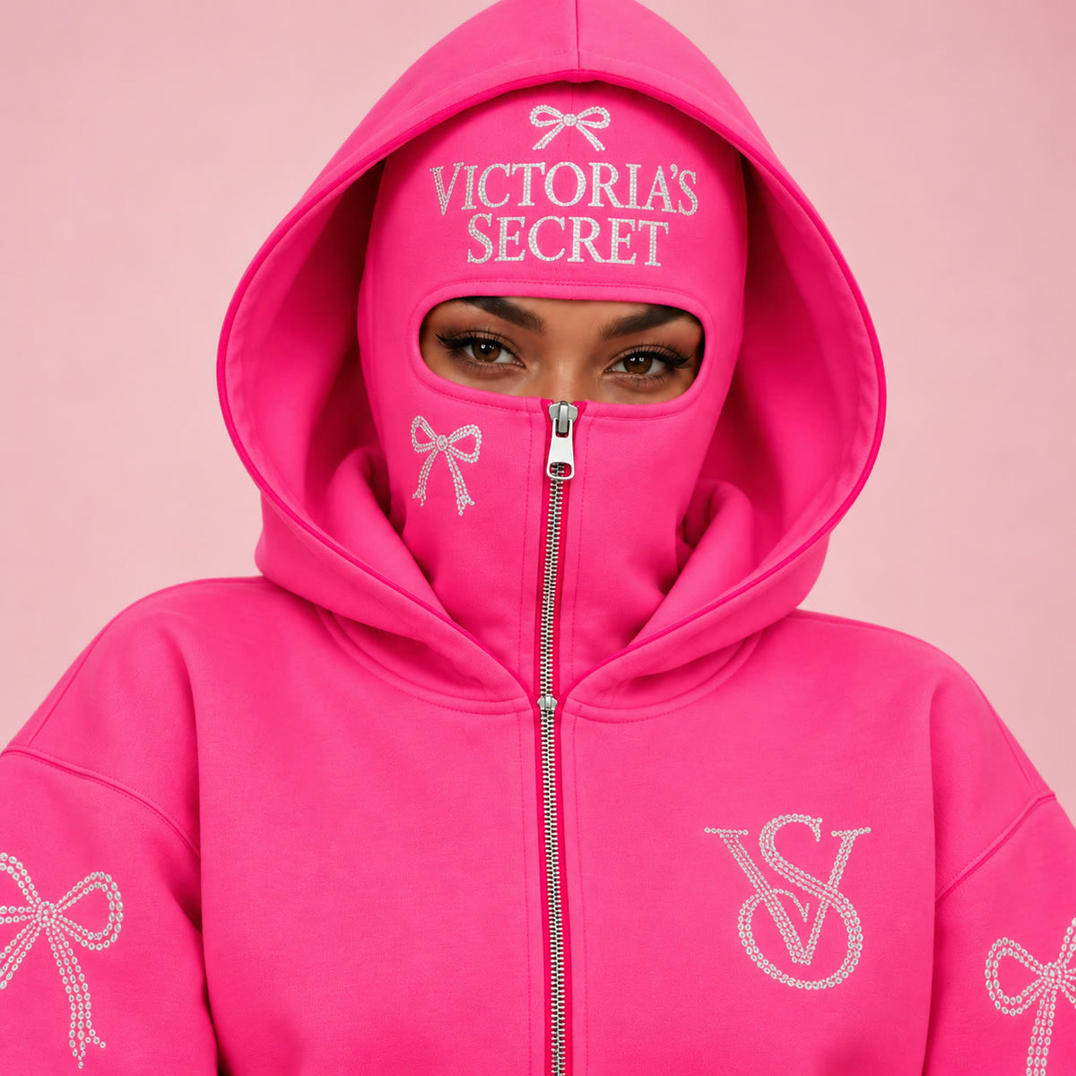 Hot Pink VS Balaclava Zip Hoodie worn zipped to the eyes, rhinestone mask close-up