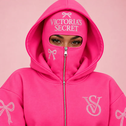 Hot Pink VS Balaclava Zip Hoodie worn zipped to the eyes, rhinestone mask close-up