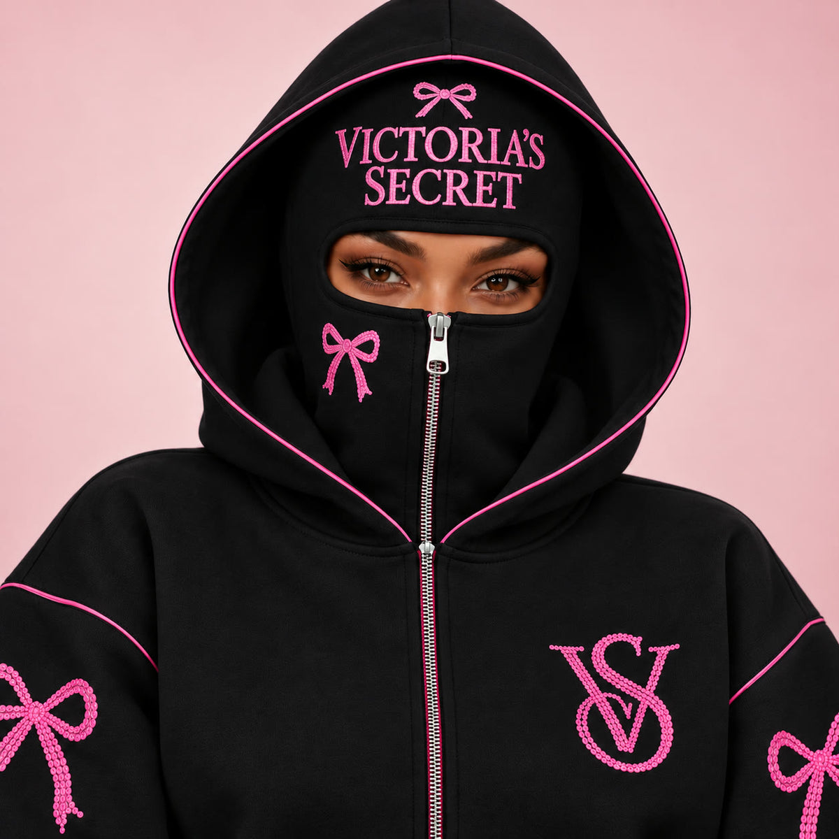 Black VS Balaclava Zip Hoodie worn zipped to the eyes, pink rhinestone mask close-up