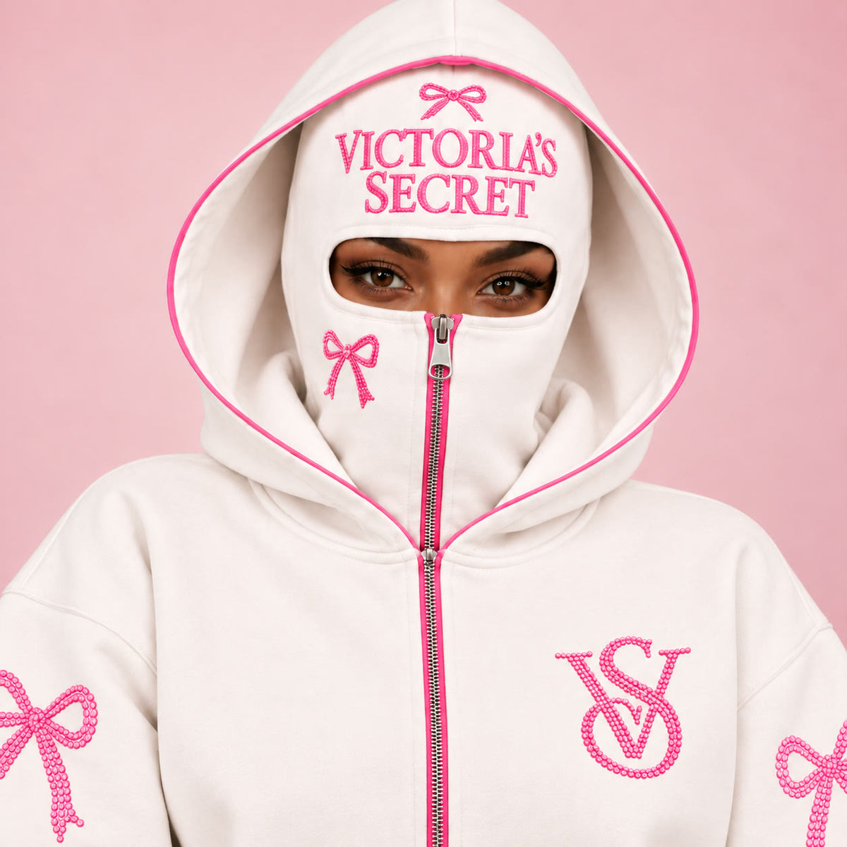 White VS Balaclava Zip Hoodie worn zipped to the eyes, pink rhinestone mask close-up