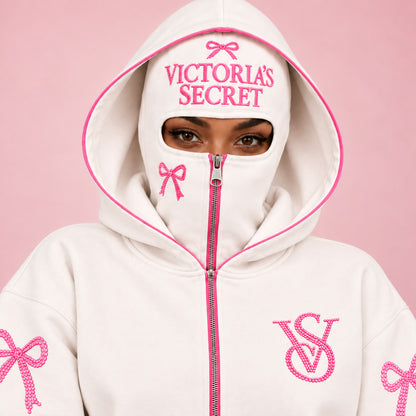 White VS Balaclava Zip Hoodie worn zipped to the eyes, pink rhinestone mask close-up
