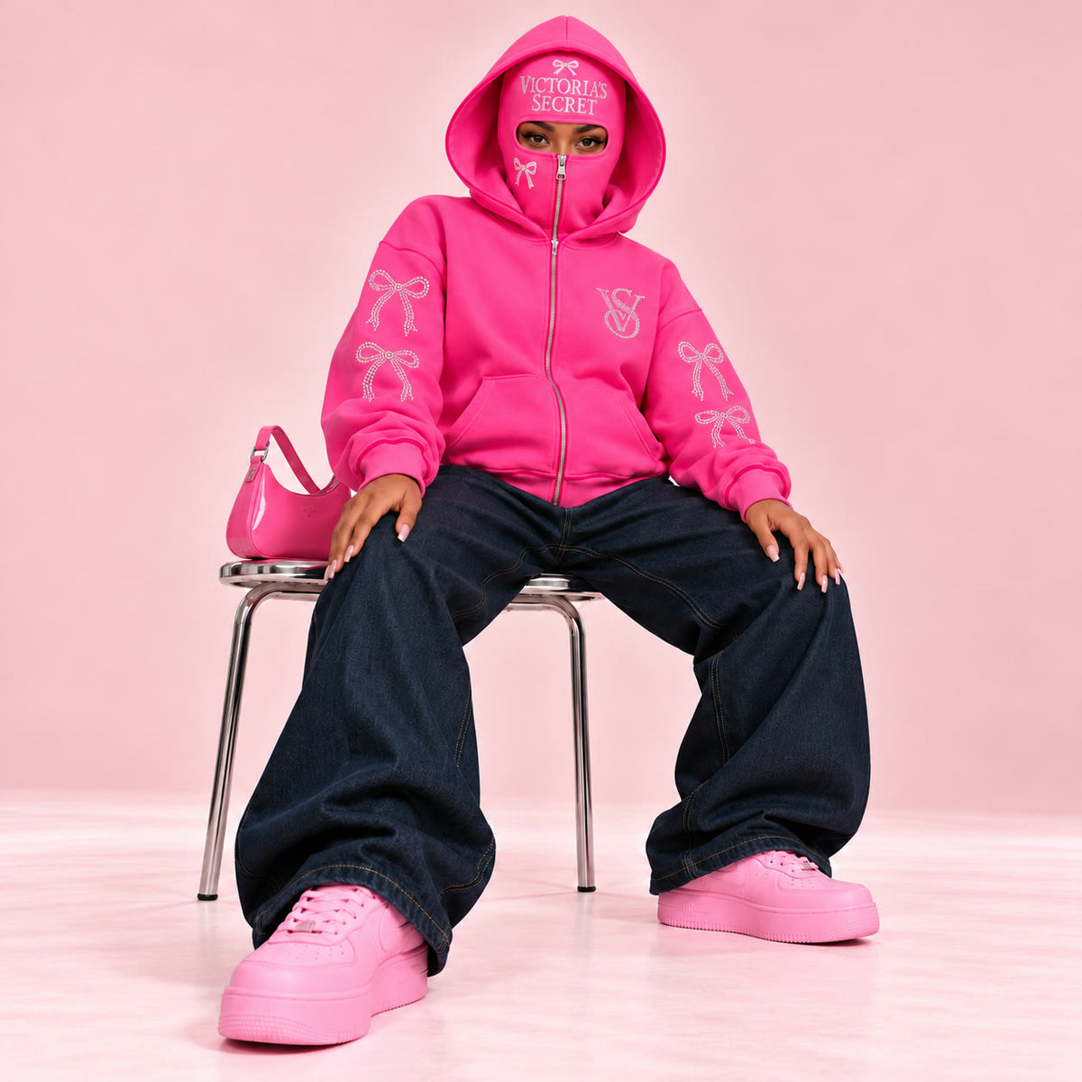 Hot Pink VS Balaclava Zip Hoodie styled with baggy jeans and pink sneakers