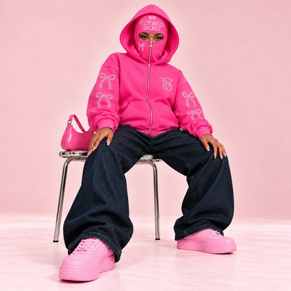 Hot Pink VS Balaclava Zip Hoodie styled with baggy jeans and pink sneakers