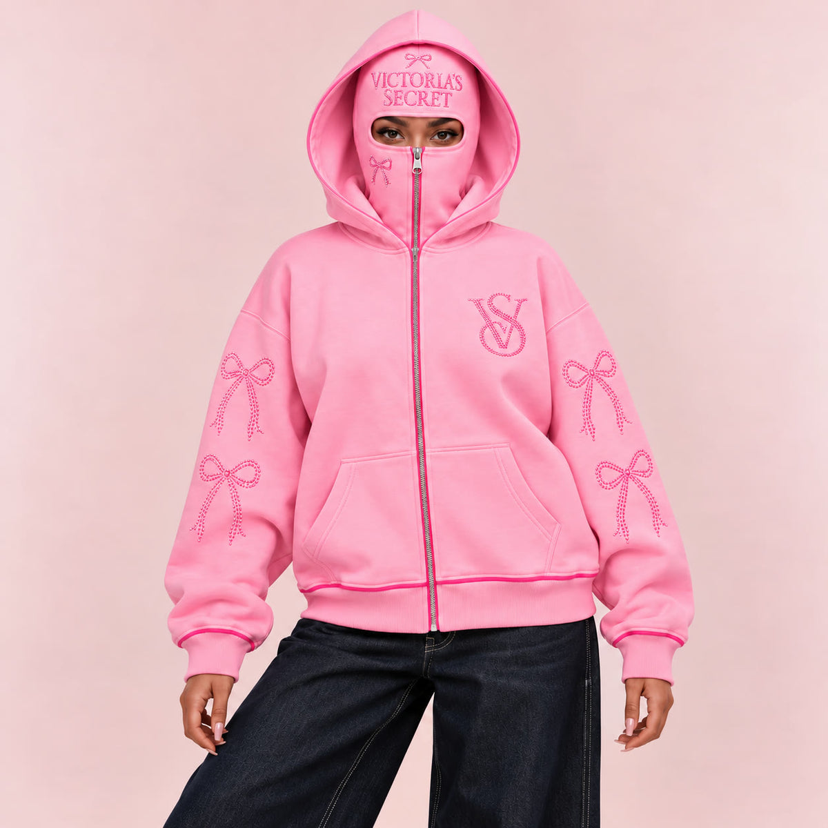 Light Pink VS Balaclava Zip Hoodie worn hood up and zipped to the eyes