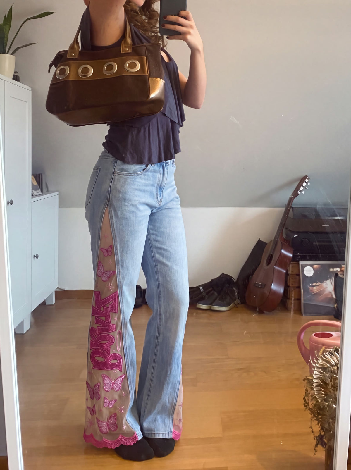 PINK FLARE jeans worn, customer-style photo