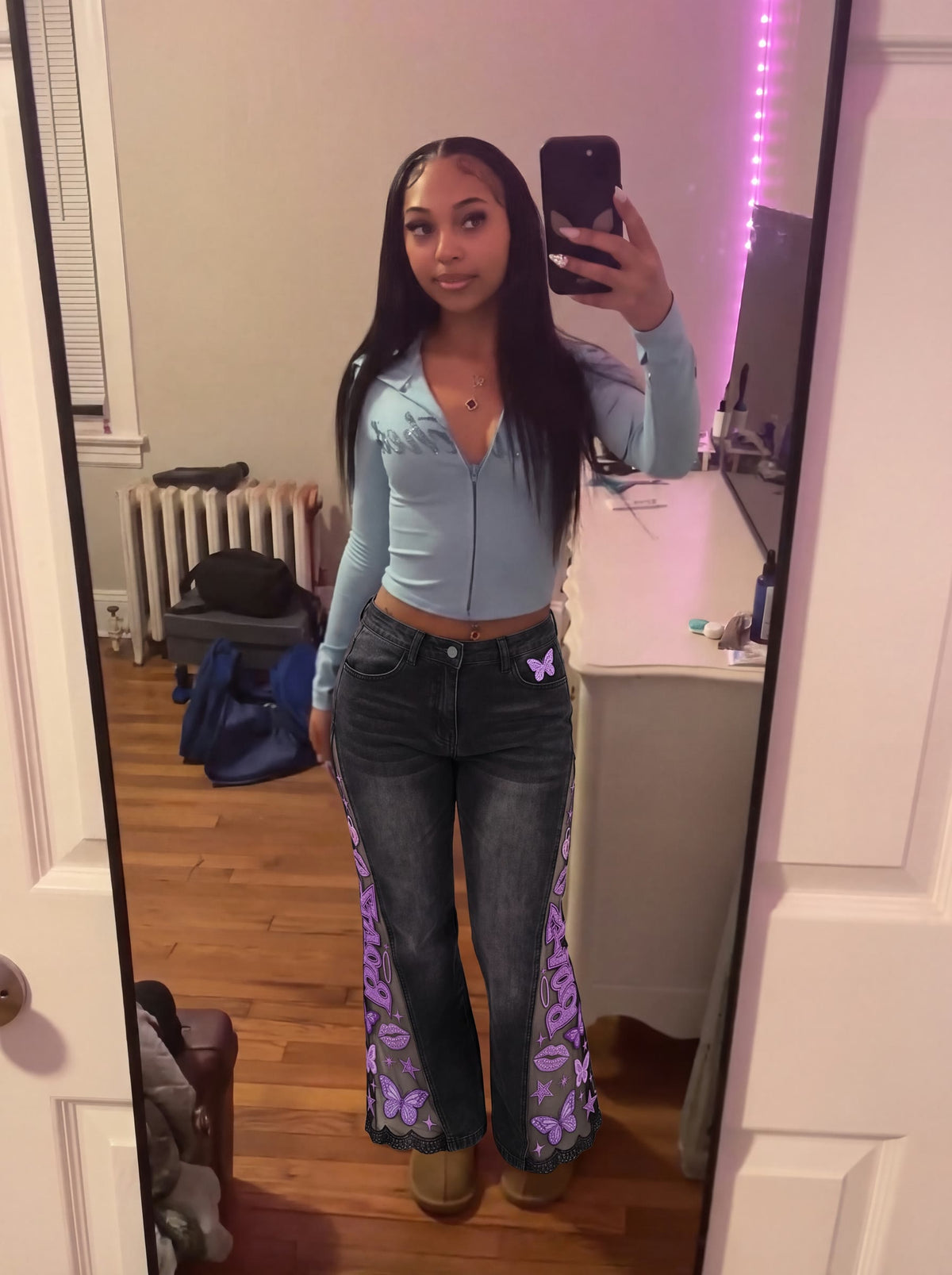PINK FLARE jeans worn, customer-style photo