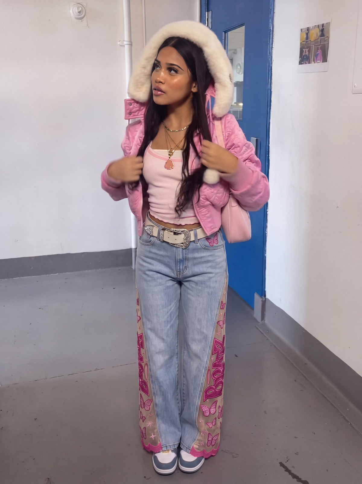 PINK FLARE jeans worn, customer-style photo