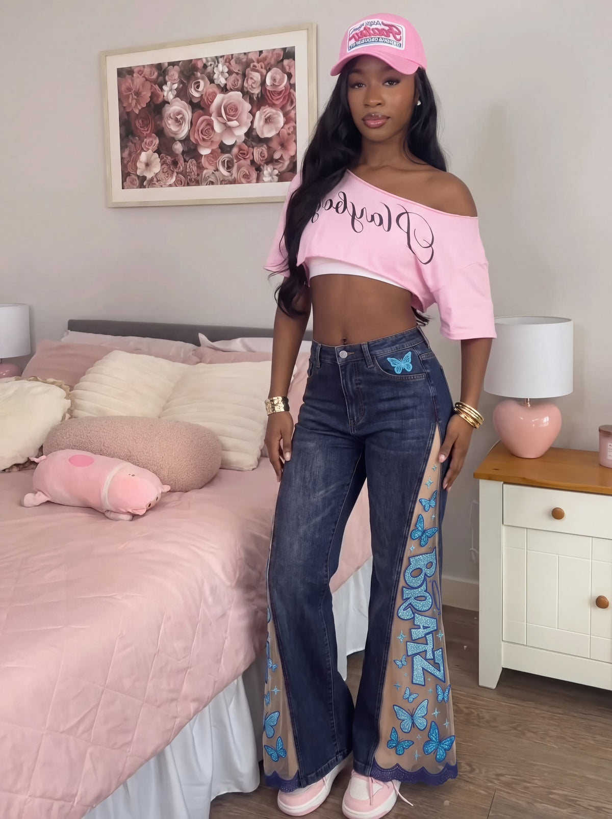 PINK FLARE jeans worn, customer-style photo